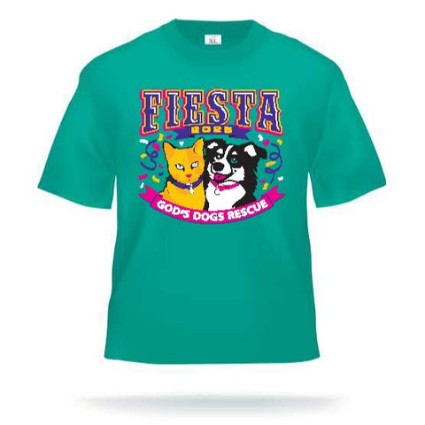 Teal t-shirt with Fiesta 2025 and God's Dogs Rescue with a cartoon cat and dog