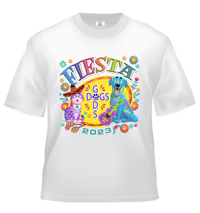 Youth Size white t-shirt with Fiesta God's Dogs on chest for support of the non-profit short sleeve