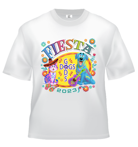 Youth Size white t-shirt with Fiesta God's Dogs on chest for support of the non-profit short sleeve