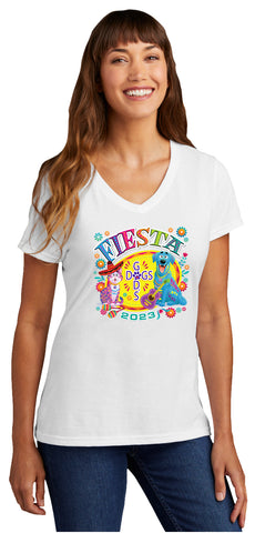 Women's v-neck white tshirt with Fiesta God's Dogs on the chest. Short Sleeves