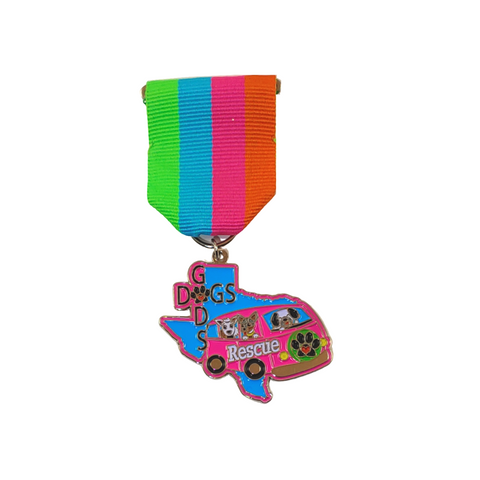 Fiesta medal with dogs in a VW van bright colors to support God's Dogs Rescue